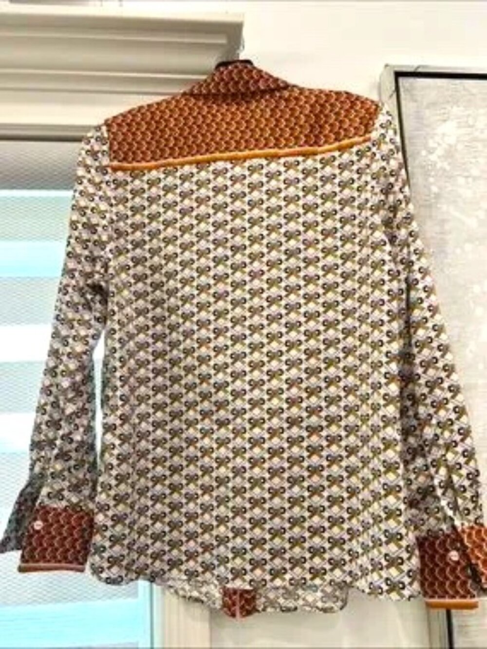 Casual Women's Geometric Button-Down Blouse Shirt - Brown/White/Orange - Picture 2 of 8